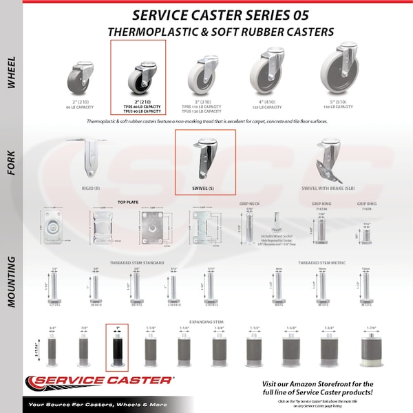 2 Inch Thermoplastic Wheel 1 Inch Expanding Stem Caster Set with 2 Brakes